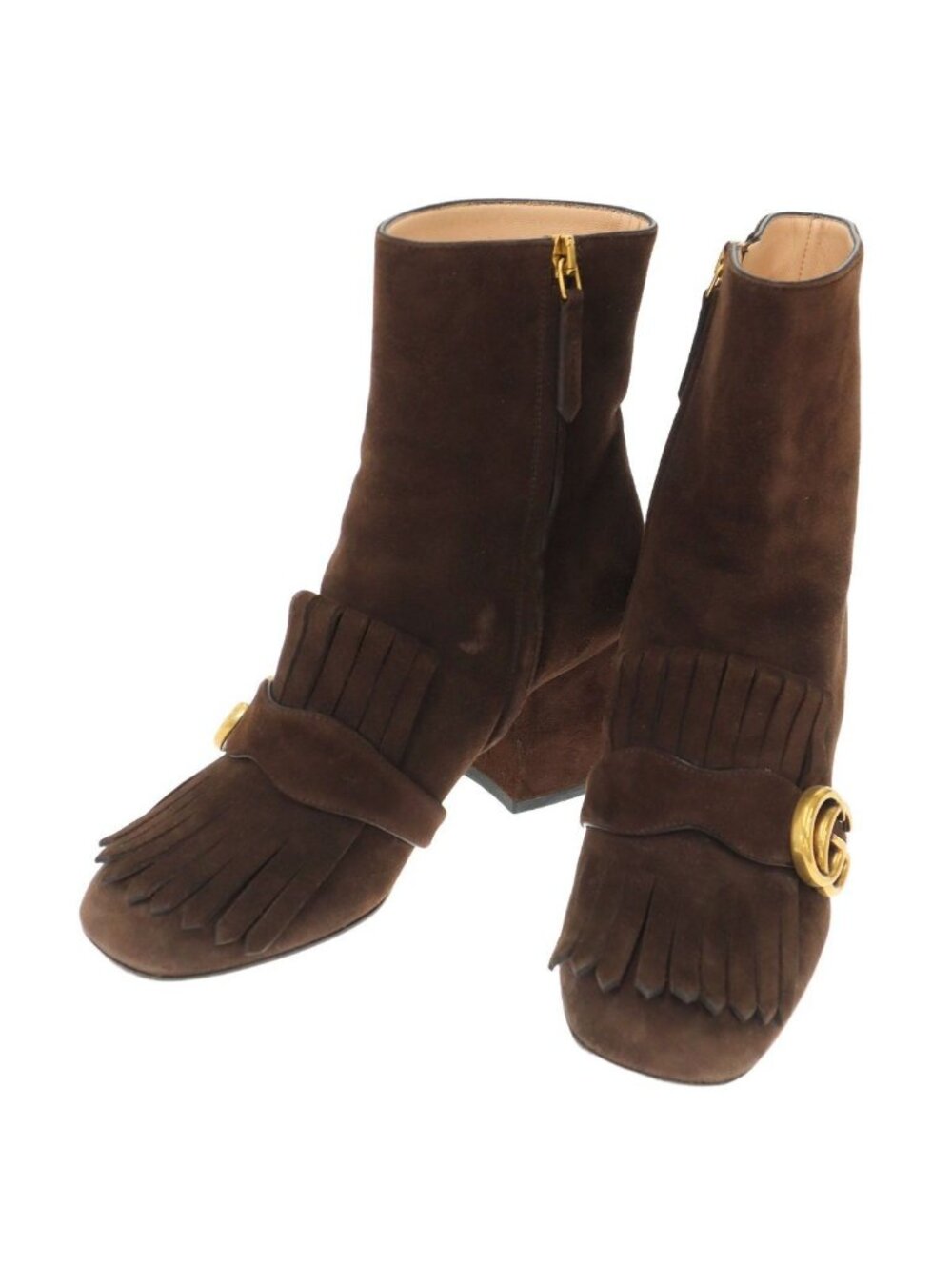 Gucci GG Marmont Fringe Suede Leather Ankle Boots Brown